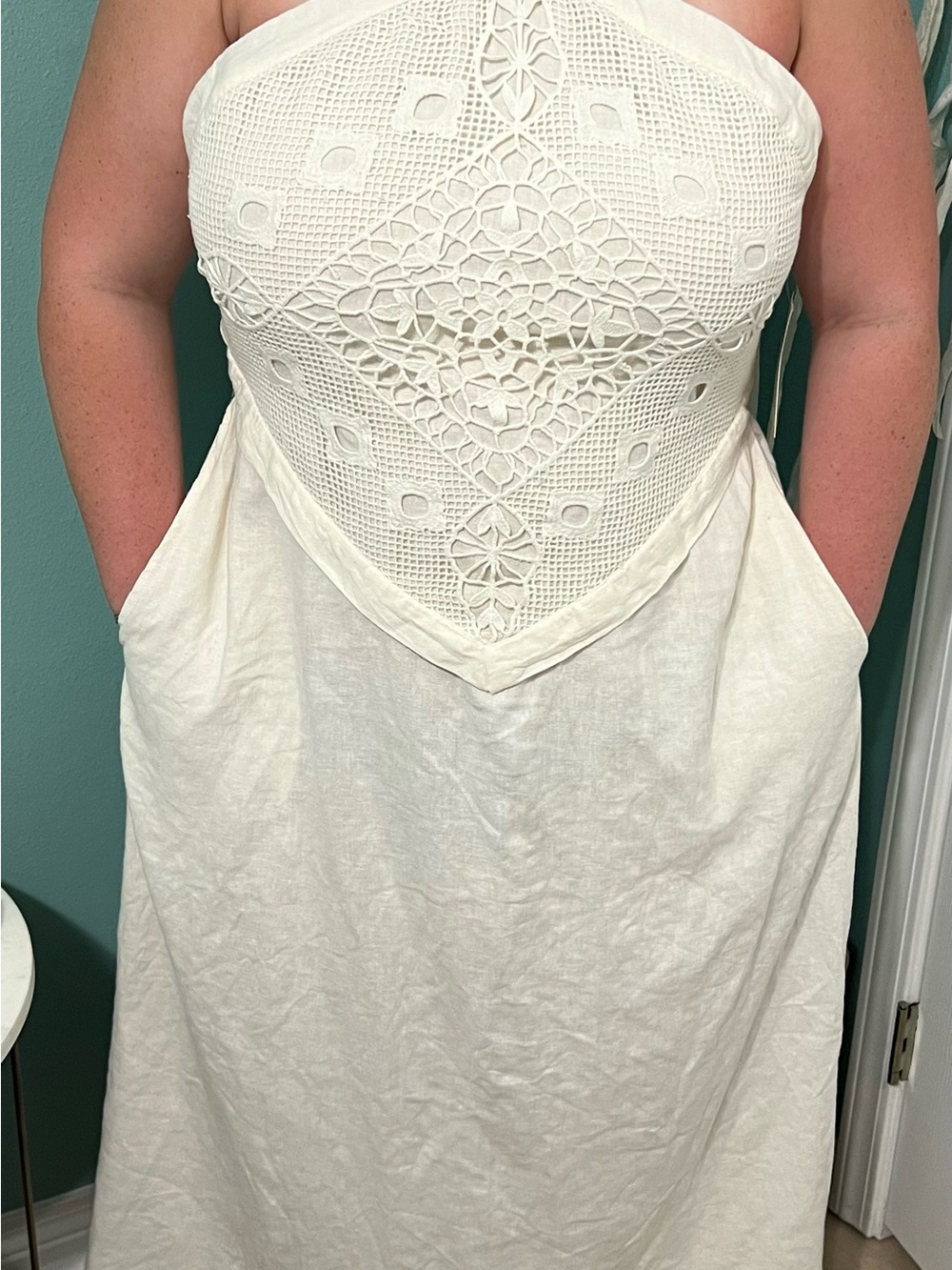 A NEW DAY brand Cream Halter Lace-Front sleeveless Midi dress w/pockets NWT